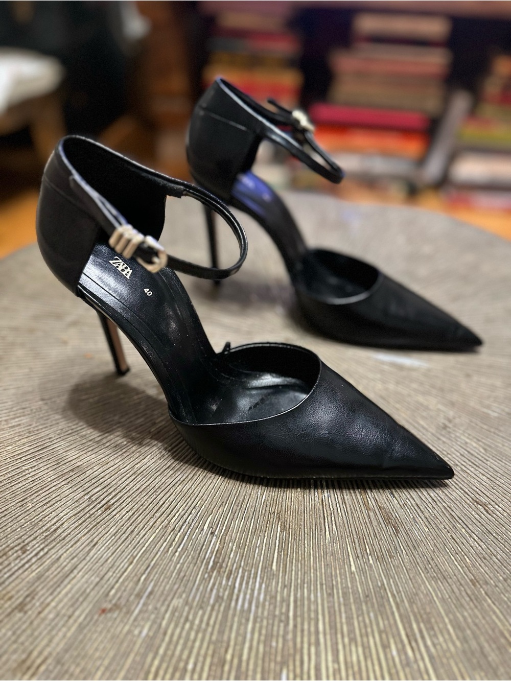 Zara Black Pointed Ankle-Strap Stilettos